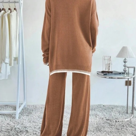 Women's Brown Sweater with White Trim - Picture 2 of 6